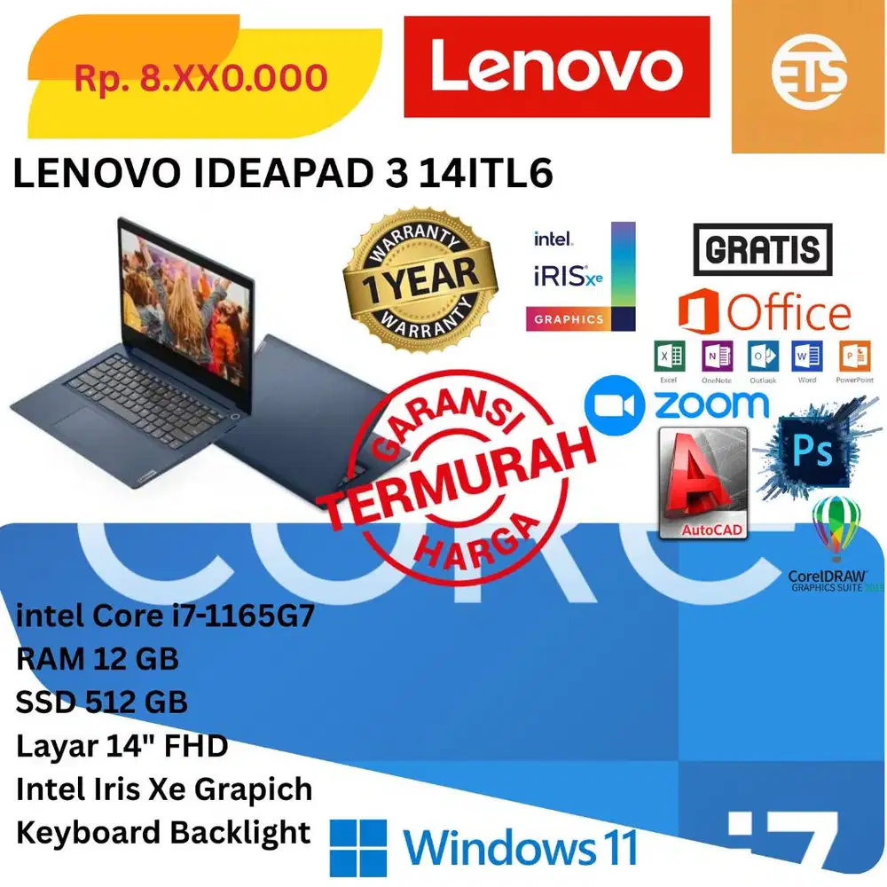 New Lenovo ideapad Slim 3 Core i7-1165G7 Ram 12/512Gb Windows+Office