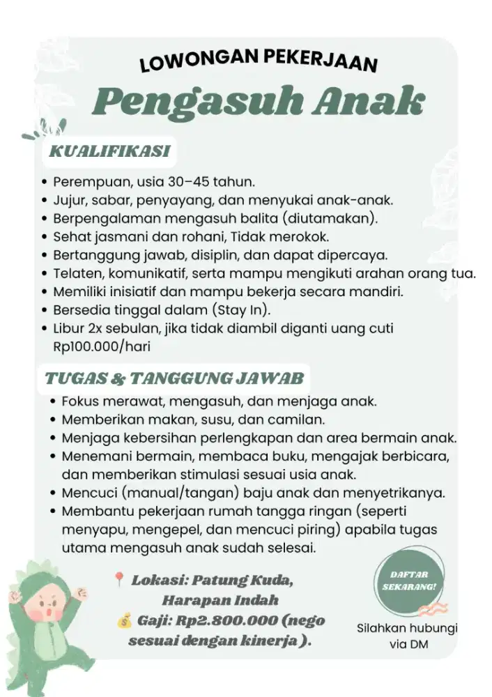 Dicari Pengasuh Anak (Harapan Indah Bekasi)