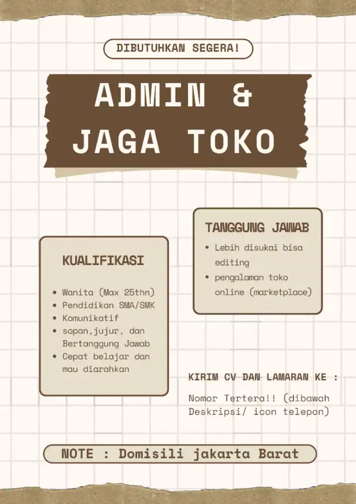 DIBUTUHKAN ADMIN DAN JAGA TOKO