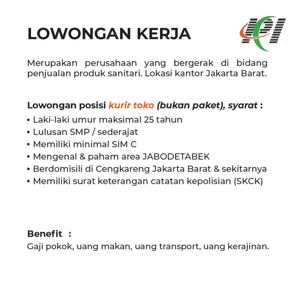Lowongan Kerja KURIR TOKO (Bukan Kurir Paket) Cengkareng Jakarta Barat