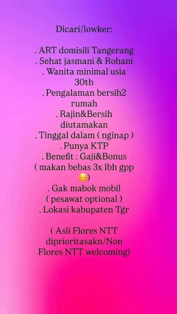 Dicari ART nginap