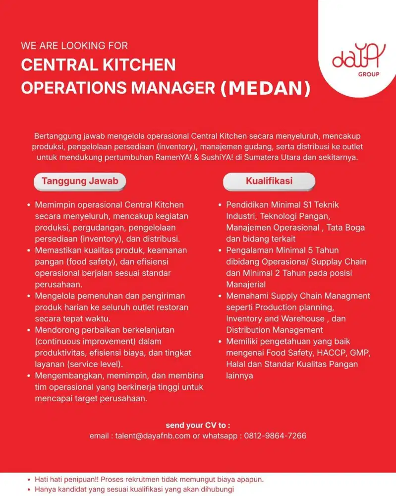 CENTRAL KITCHEN OPERATIONS MANAGER (MEDAN)