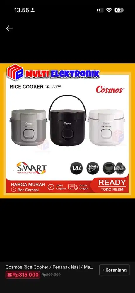 BARU RICE COOKER COSMOS CRJ 3375