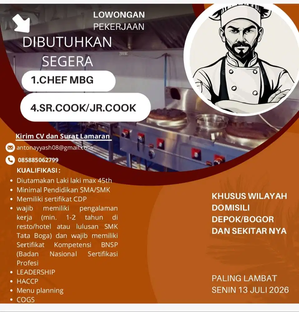 Dibutuhkan segera chef MBG