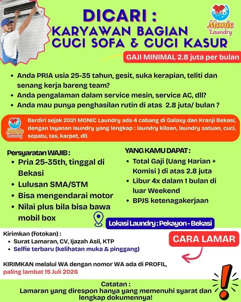 Butuh cepat : karyawan cuci sofa dan cuci kasur wilayah PEKAYON BEKASI