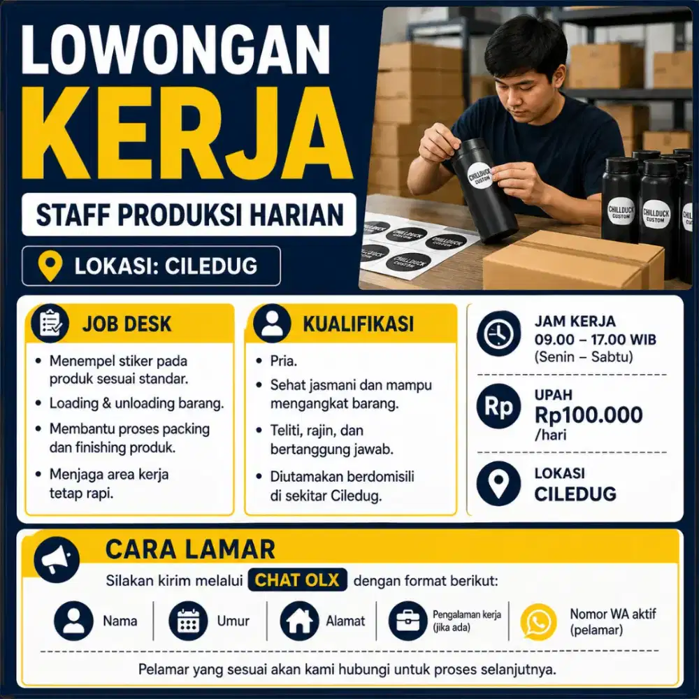 Iklan: Lowongan Staff Produksi Harian - Ciledug | Rp100.000/Hari