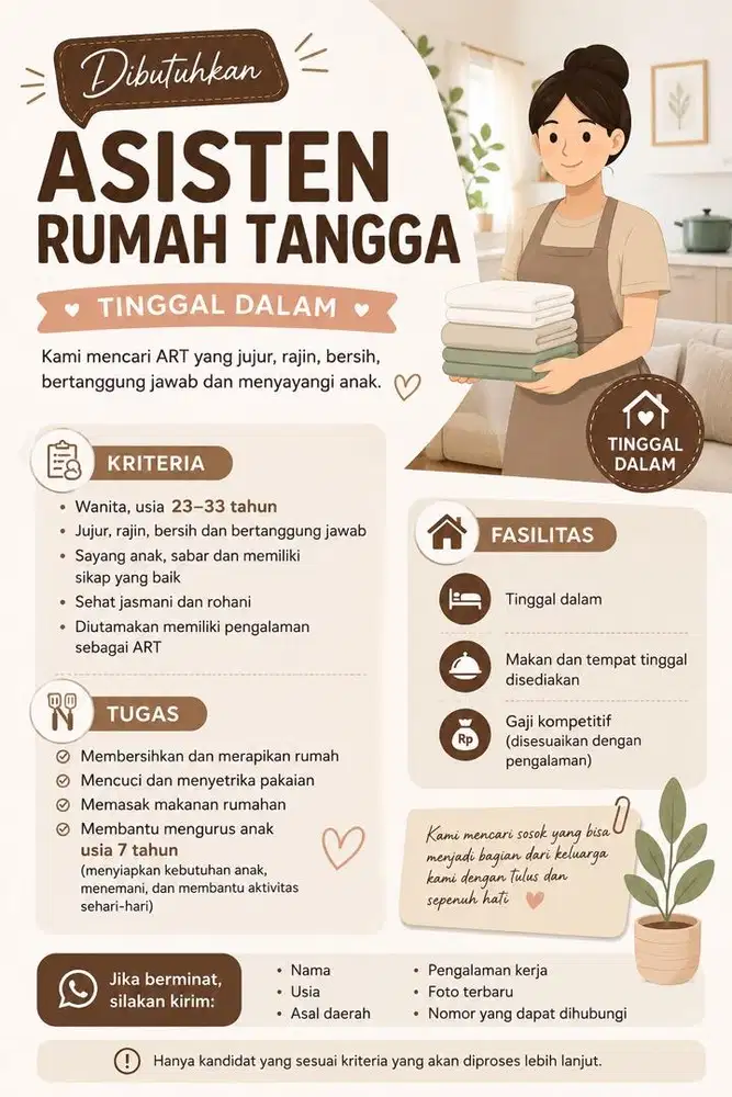 Lowongan asistent rumah tangga (ART) - tinggal dalam