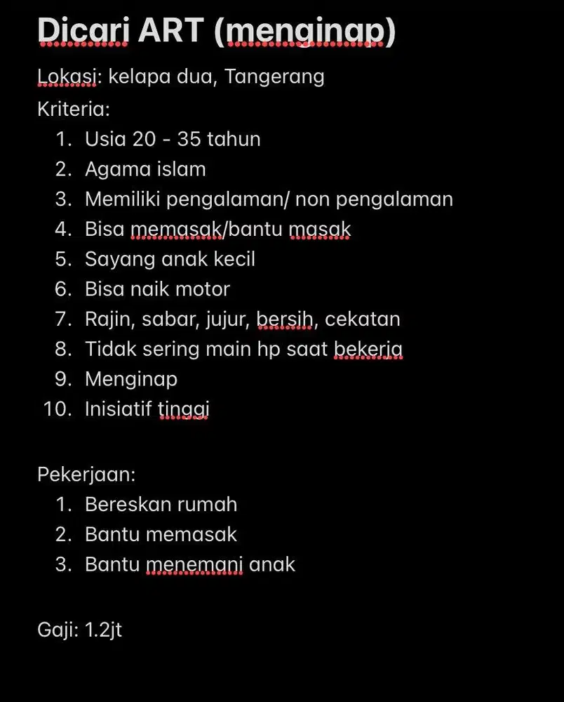 Dicari ART (menginap)