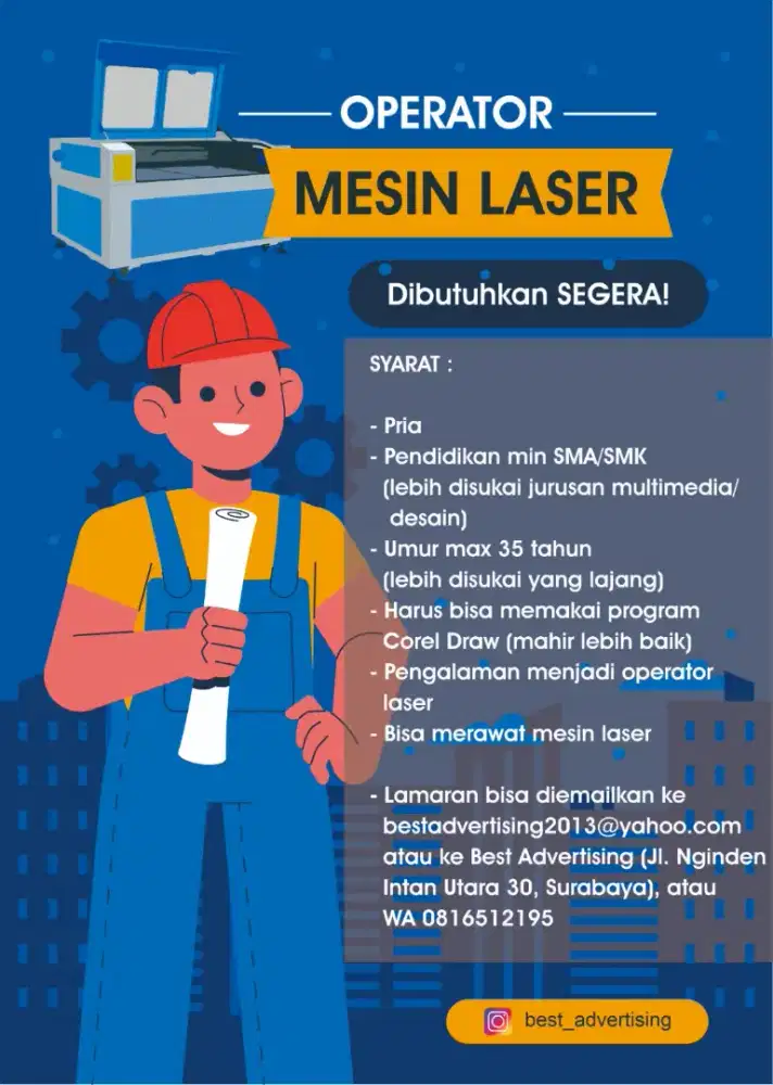 Dibutuhkan SEGERA Operator Mesin Laser