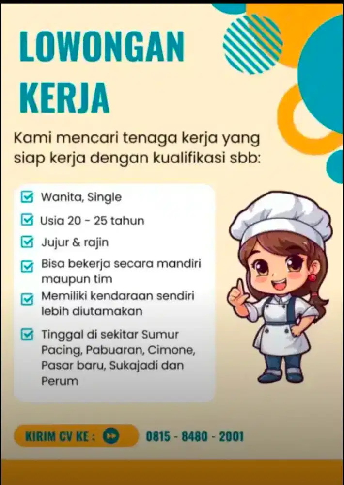 Di butuhkan  Waiters dan kasir