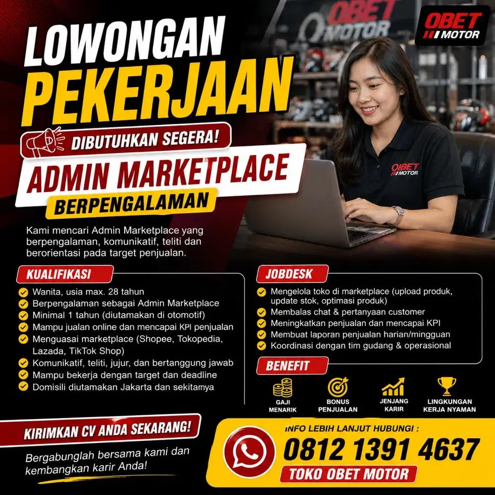 LOWONGAN KERJA - ADMIN MARKETPLACE (TOKO OBET MOTOR)