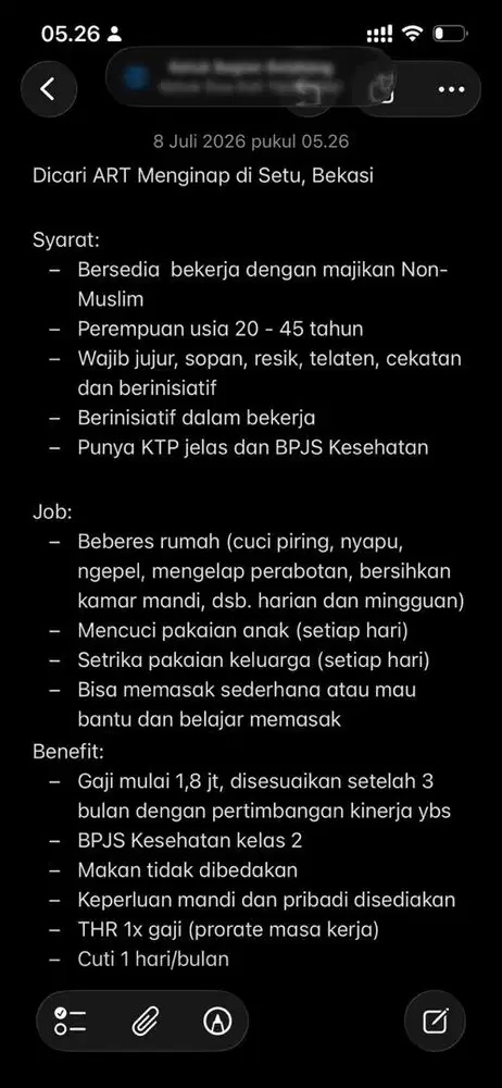 Dicari ART Menginap