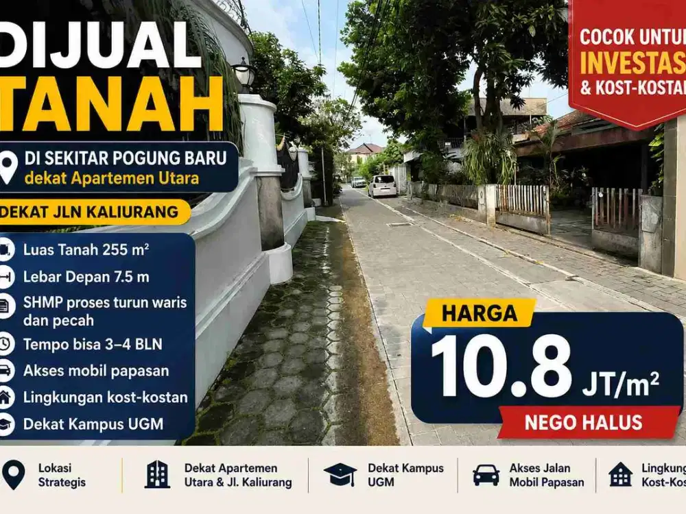 Dijual Tanah Strategis Pogung Baru Dekat UGM & Jalan Kaliurang, Cocok Kost Investasi