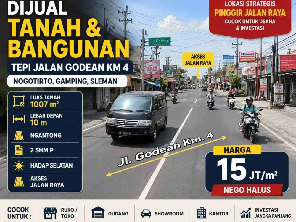 Dijual Tanah Tepi Jalan Godean Km 4 Sleman 1.007 m² Cocok Ruko, Gudang & Komersial