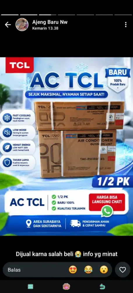 Ac tcl 0,5 pk baru masih segel