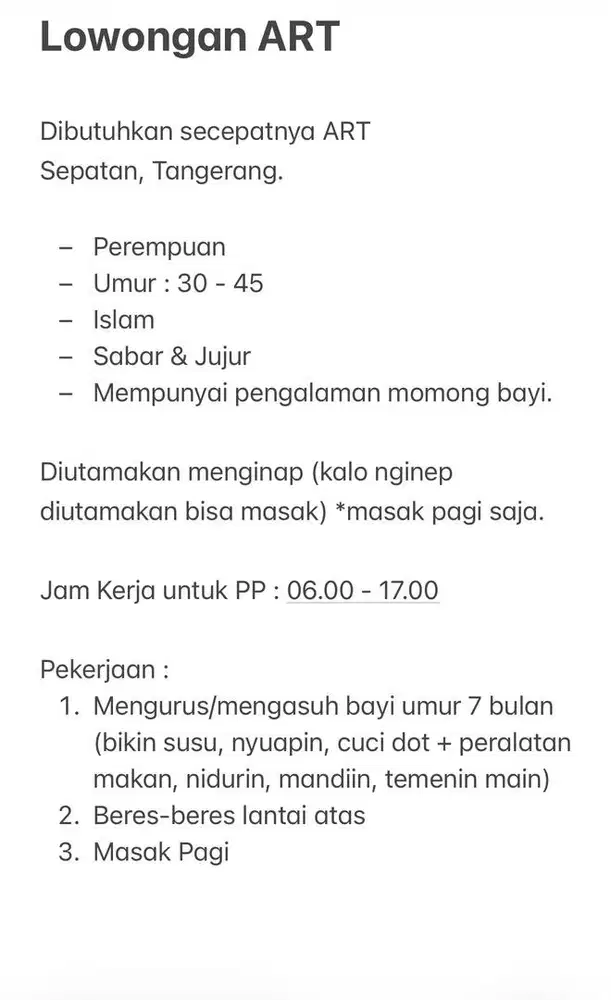 Lowongan ART, Sepatan Tangerang