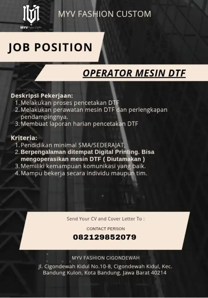 DIBUTUHKAN SEGERA OPERATOR MESIN DTF