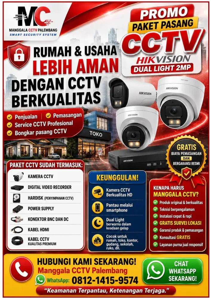 PAKET PEMASANGAN CCTV HIKVISION 2MP DUAL LIGHT 4 KAMERA BERGARANSI!!