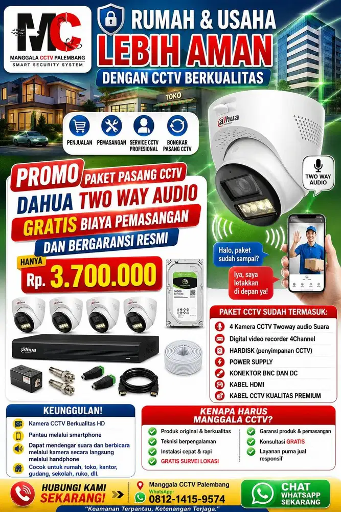 Paket Pasang CCTV Dahua 2MP Two way audio 4 Kamera
