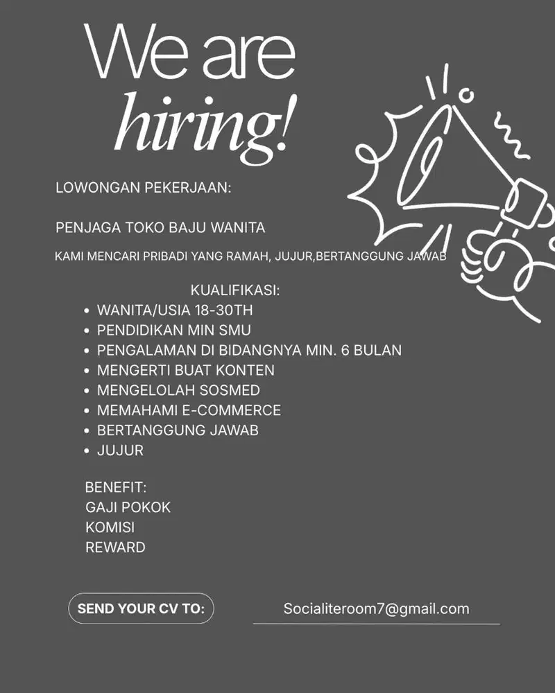 Lowongan pekerjaan penjaga Toko Baju Wanita
