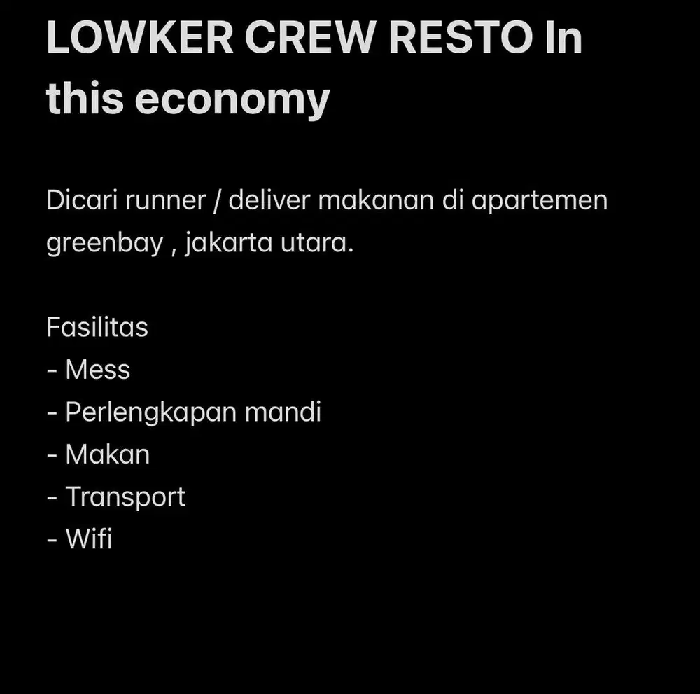 Lowker crew resto di kantin apartemen greenbay jakarta utara