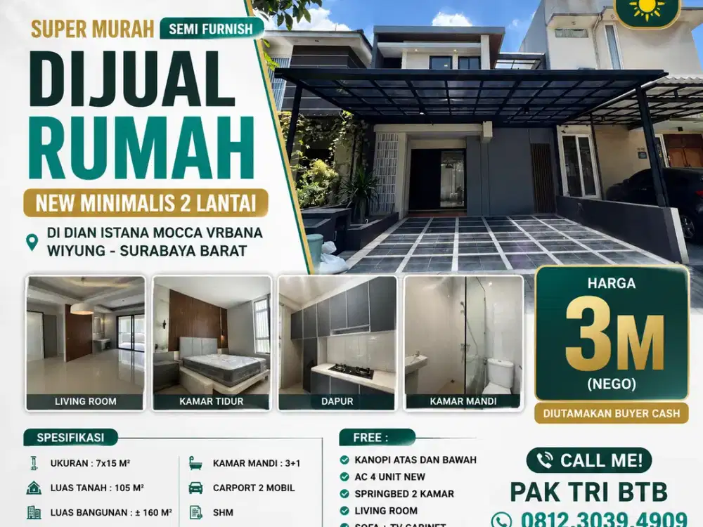 SUPER MURAH - SEMI FURNISH!! DIJUAL RUMAH 2 LANTAI DI DIAN ISTANA MOCCA VRBANA – WIYUNG SURABAYA BARAT