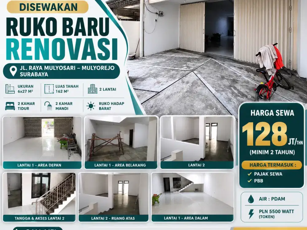 DISEWAKAN RUKO BARU RENOVASI DI JL. RAYA MULYOSARI – MULYOREJO SURABAYA