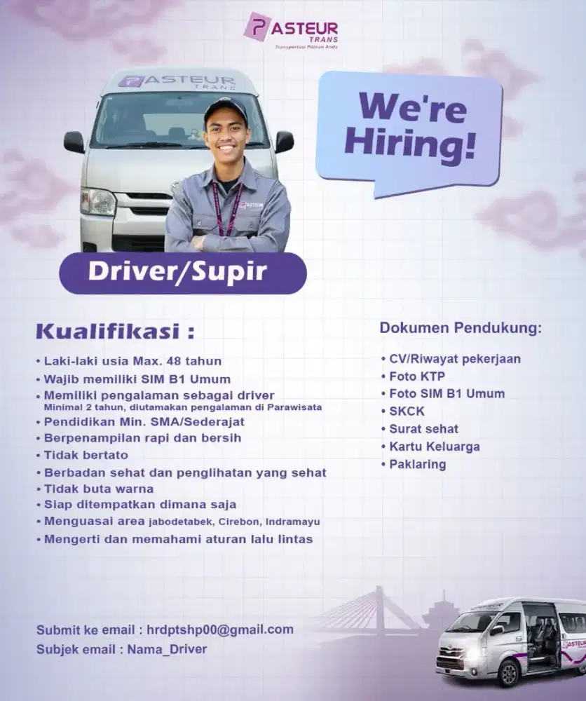 LOWONGAN KERJA DRIVER - DIBUTUHKAN SECEPATNYA