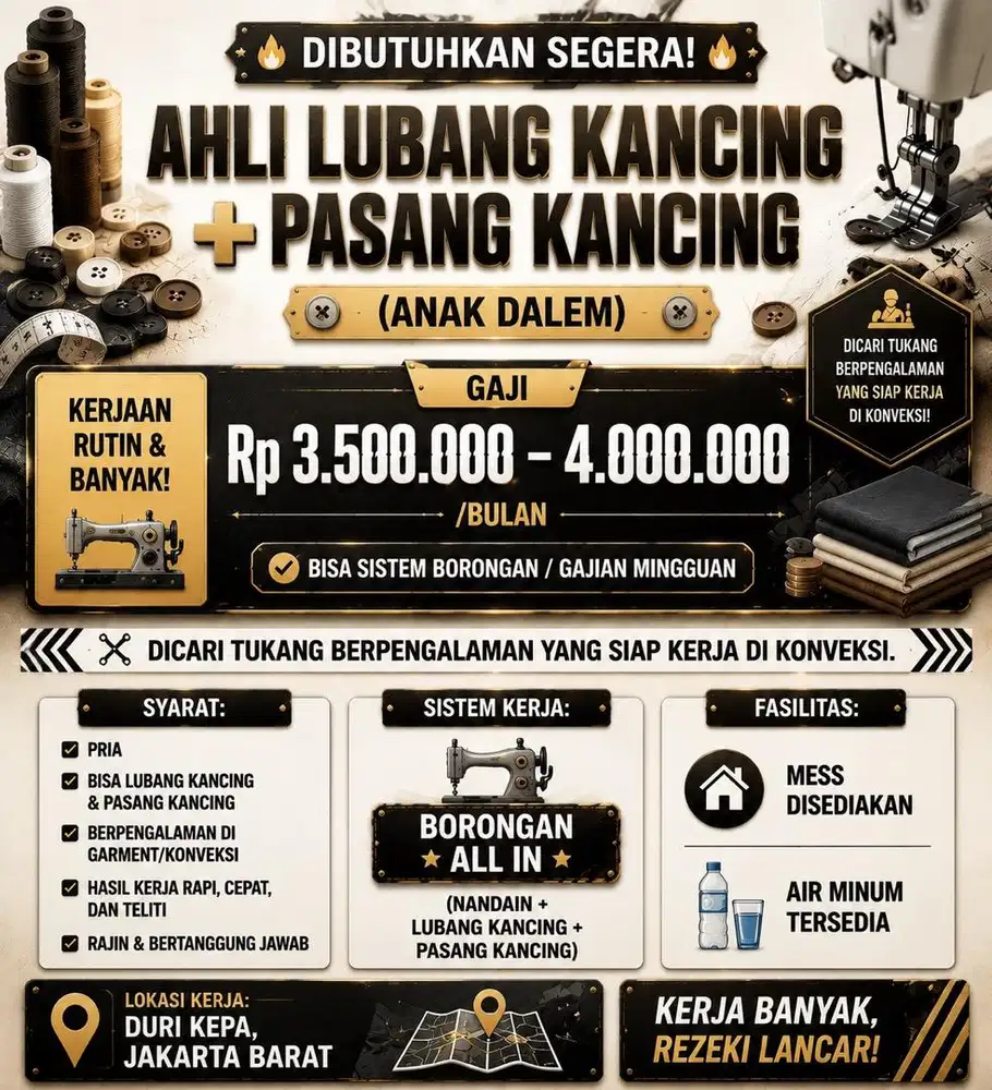 DIBUTUHKAN AHLI LUBANG KANCING + PASANG KANCING (ANAK DALEM)