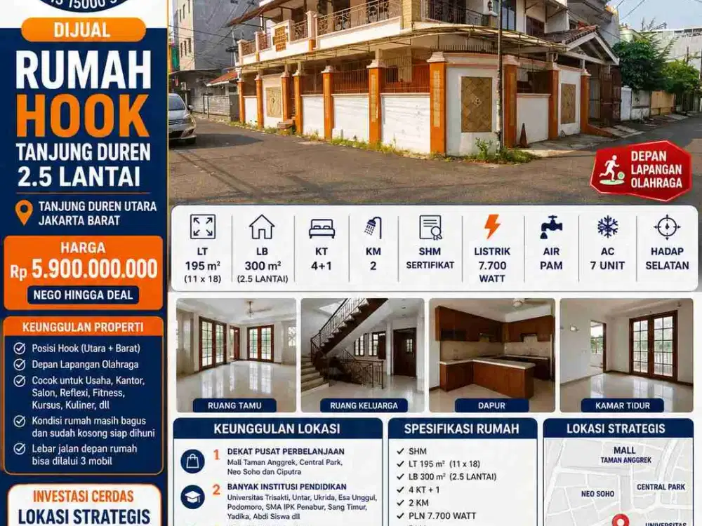 Langka,rumah bagus hook hadap taman tanjung duren jakarta barat