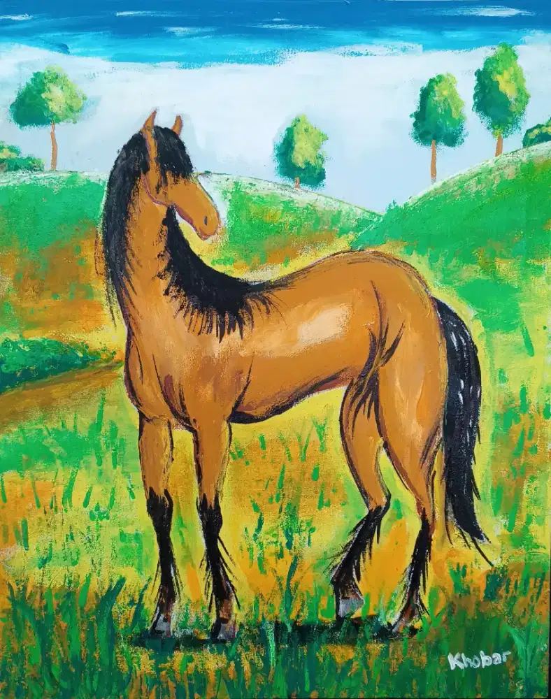 The Golden Stallion - Lukisan Asli Acrylic di Kanvas By.Khobar Santosa