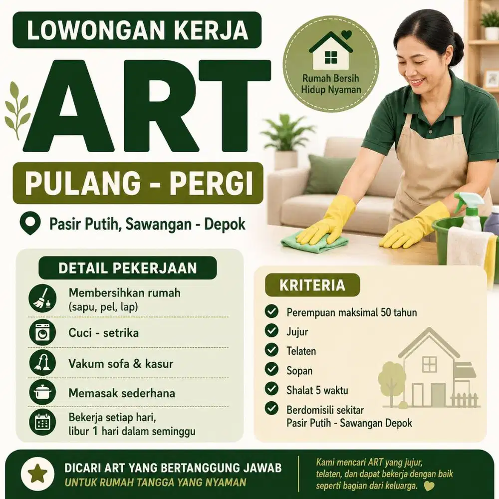 LOWONGAN KERJA ART PULANG-PERGI – PASIR PUTIH, SAWANGAN DEPOK