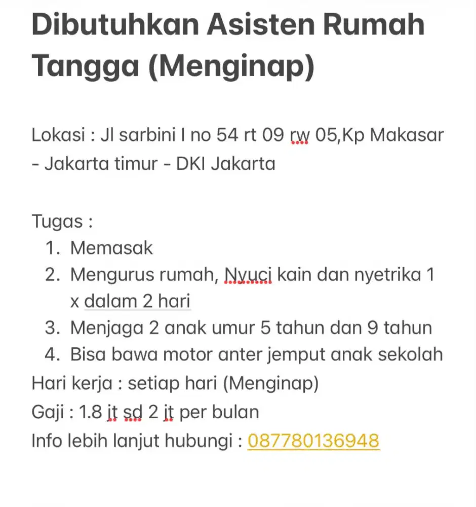 Dibutuhkan ART MENGINAP
