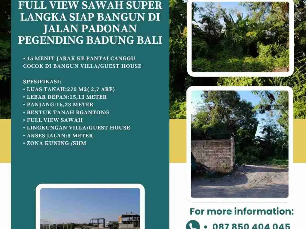 Dijual Tanah full view sawah super langka siap Bangun Di jalan padonan pegending Badung Bali
