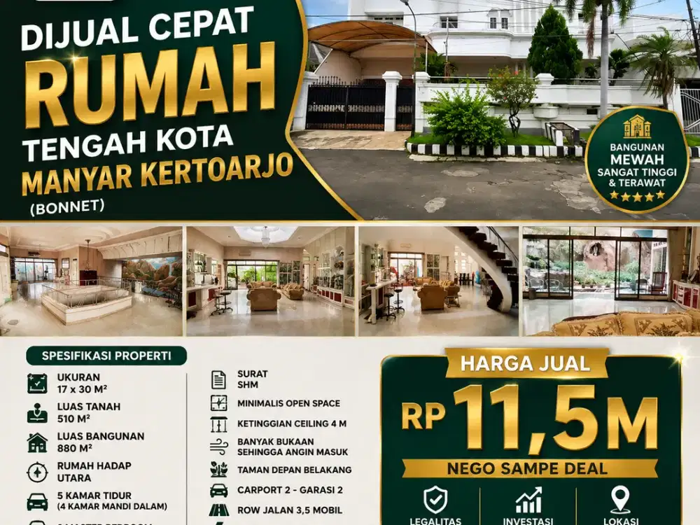 LUAS 510 M2!! DIJUAL CEPAT RUMAH TENGAH KOTA MANYAR KERTOARJO (BONNET) – GUBENG SURABAYA