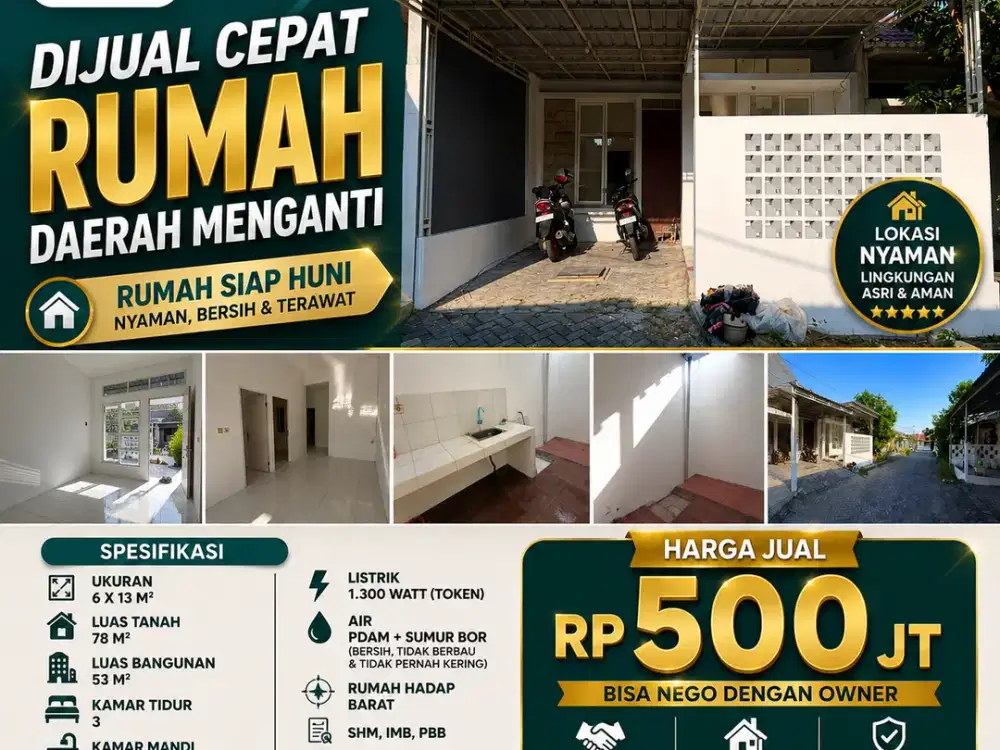 LUAS 78M2!! DIJUAL CEPAT RUMAH DAERAH MENGANTI (BARAT SURABAYA)