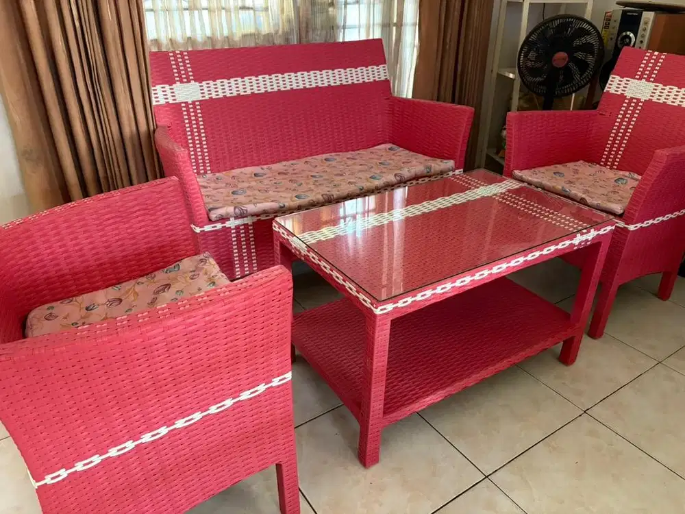 Set sofa pink + kaca meja