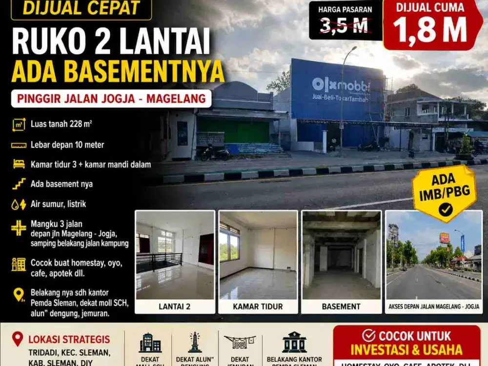 Jual Cepat Ruko 2 Lantai Pinggir Jalan Jogja–Magelang | LT 228 m² | Ada Basement | Rp1,8 M Nego