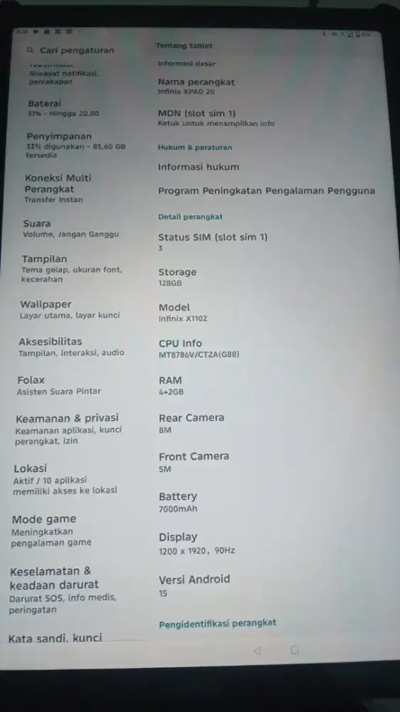 Infinix xpad 20 Ram 4+2gb internal 128gb
