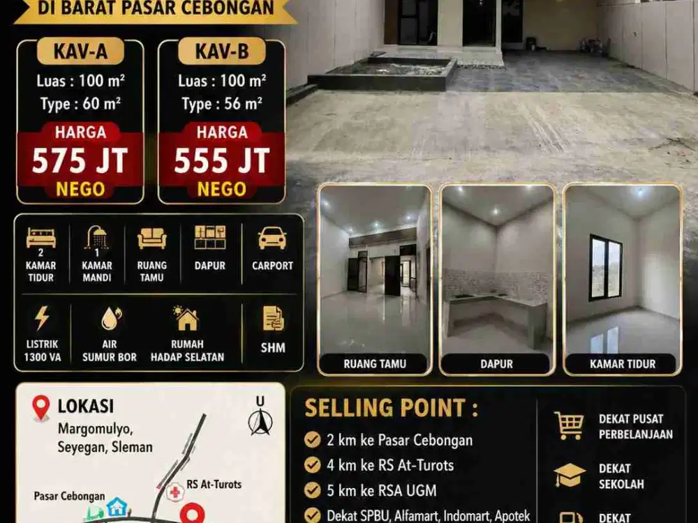 Rumah Baru Siap Huni Barat Pasar Cebongan Seyegan Sleman | LT 100 m² | SHM | Mulai Rp555 Juta Nego