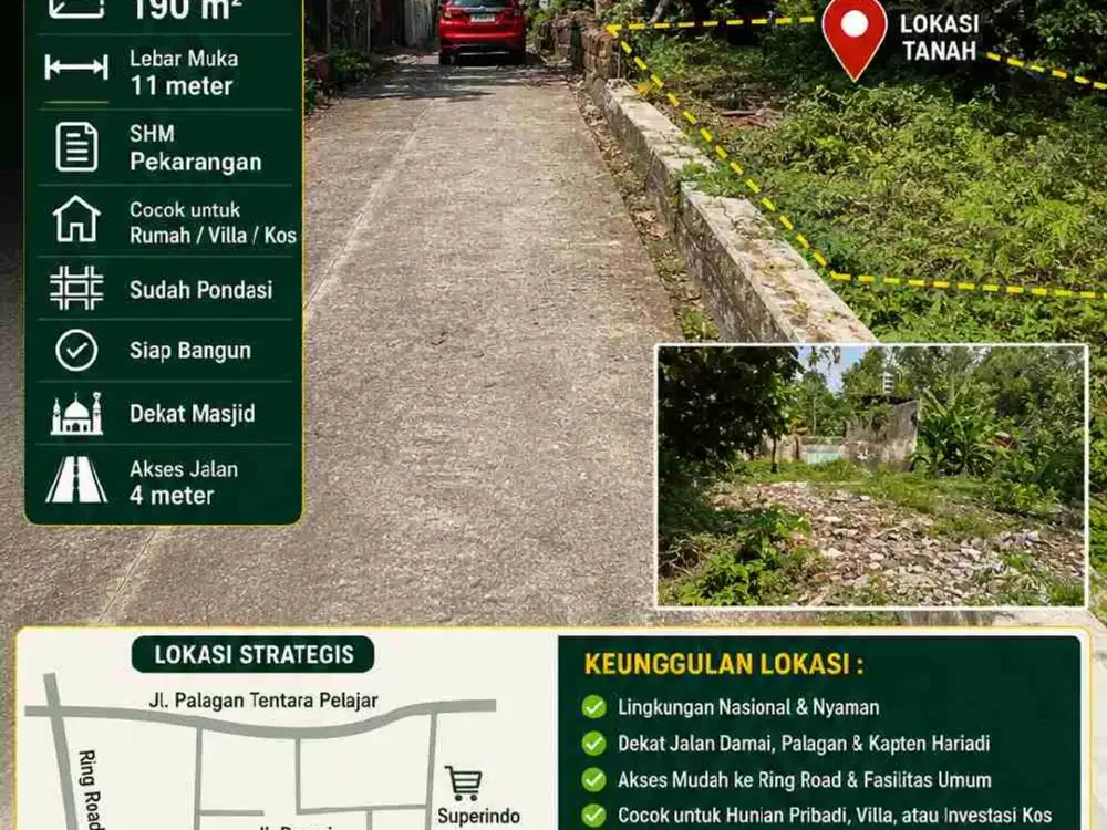 Jual Tanah Jalan Damai Jaban Sleman LT 190 m² | SHM | Lebar 11 m | Siap Bangun | Rp3,5 Juta/m² Nego