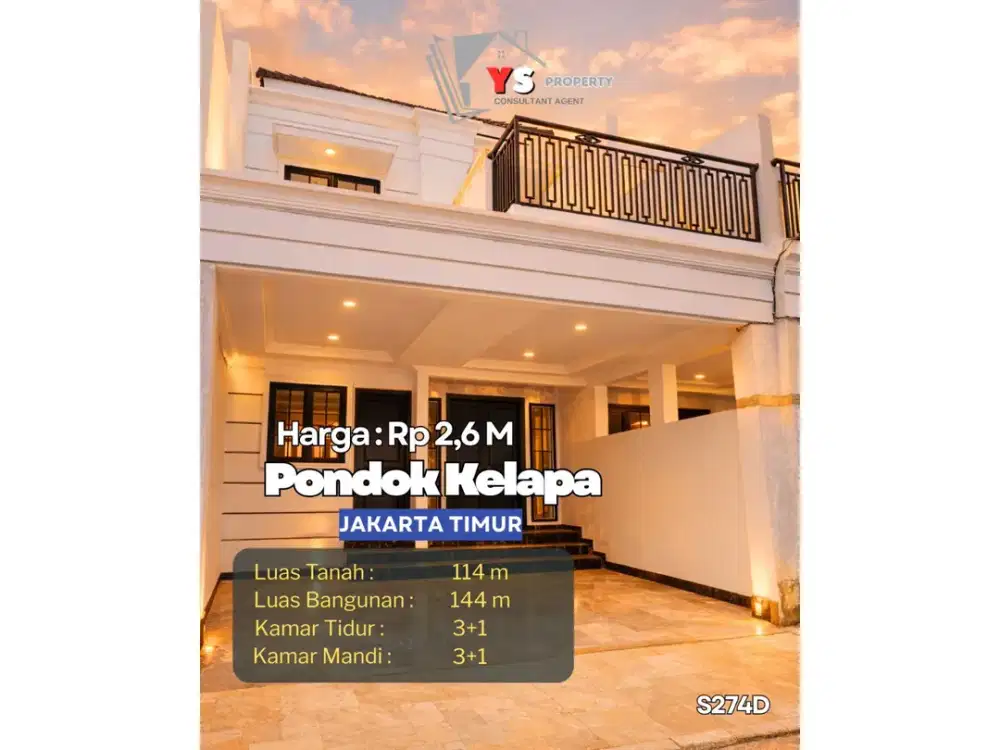 Brand New! Rumah 2 Lantai Pondok Kelapa, 3+1 KT, Bebas Banjir - 2,6M Nego