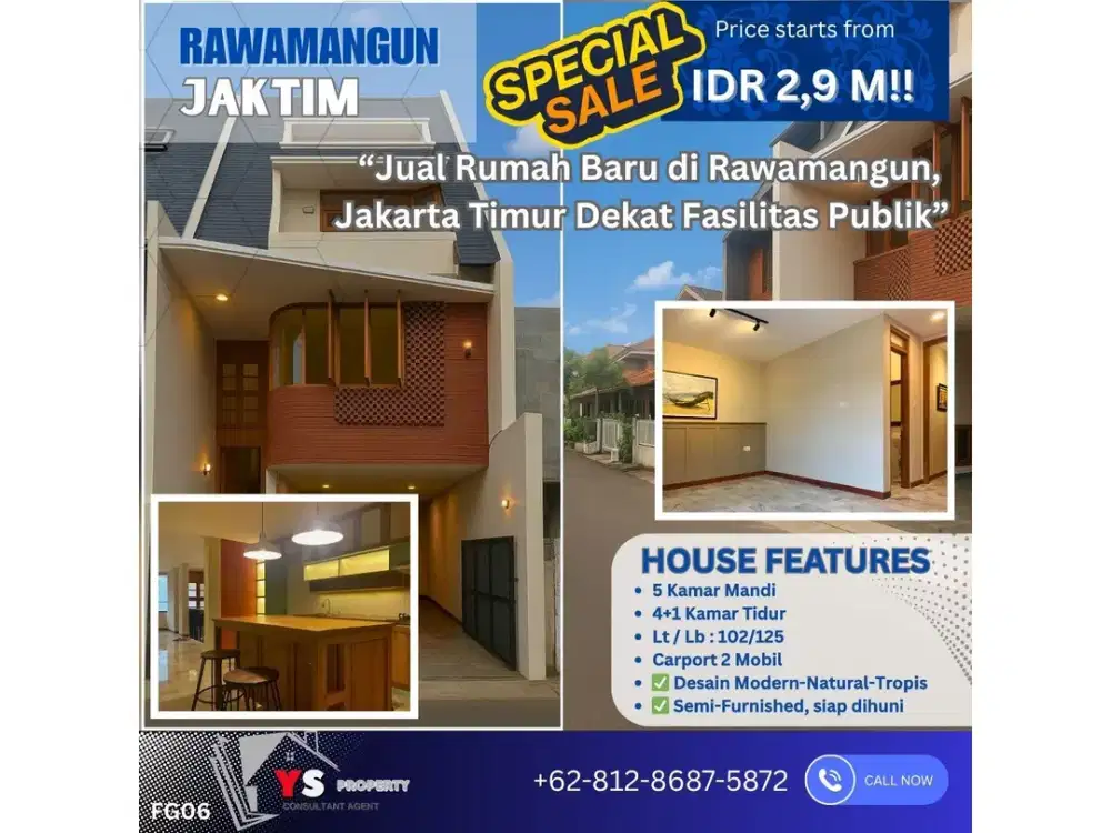 Jual Rumah Baru di Rawamangun, Jakarta Timur Harga: Mulai 2,9 Miliar Lokasi Strategis, Dekat Fasilitas Publik FG06