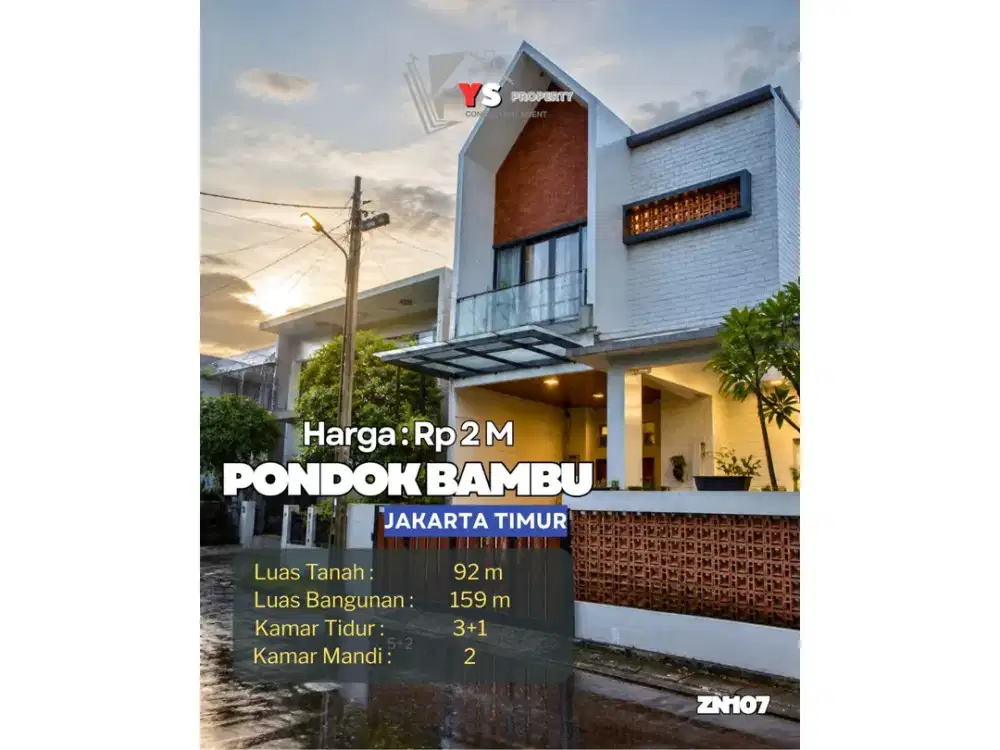 JUAL RUMAH CANTIK MINIMALIS SIAP HUNI LOKASI DALAM KOMPLEK DI PONDOK BAMBU JAKARTA TIMUR ZN107
