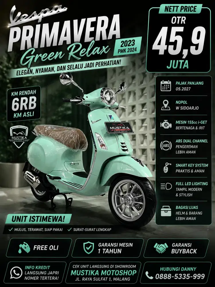 KM 6rb‼️Vespa Primavera Green Relax 2023 pmk 24. DANNY Mustika Sulfat