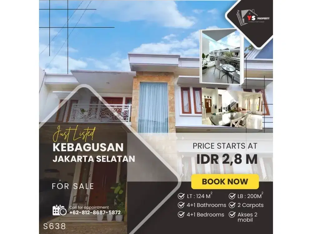 KEBAGUSAN JAKSEL RUMAH CLUSTER 2 LT  FURNISHED LOKASI STRATEGIS S643