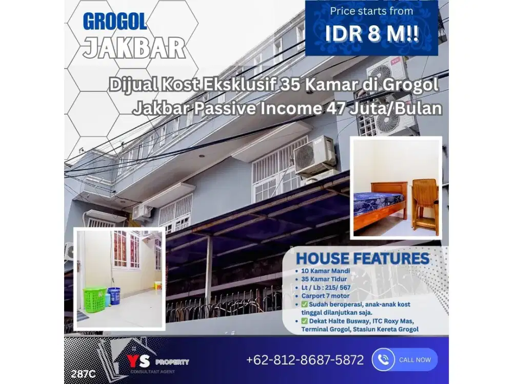 Kost Aktif Grogol 35 Kamar – Hasil 45 Juta/Bulan Stabil 287C