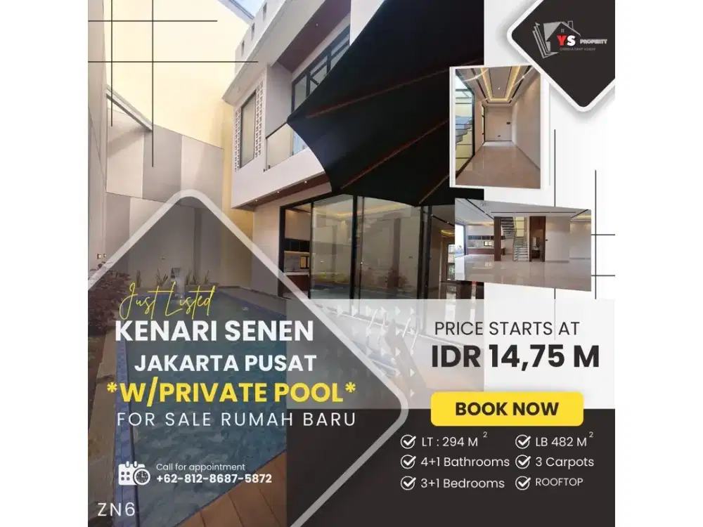 KENARI SENEN JAKPUS RUMAH MEWAH 2 LT PLUS ROOFTOP & PRIVATE POOL ZN06