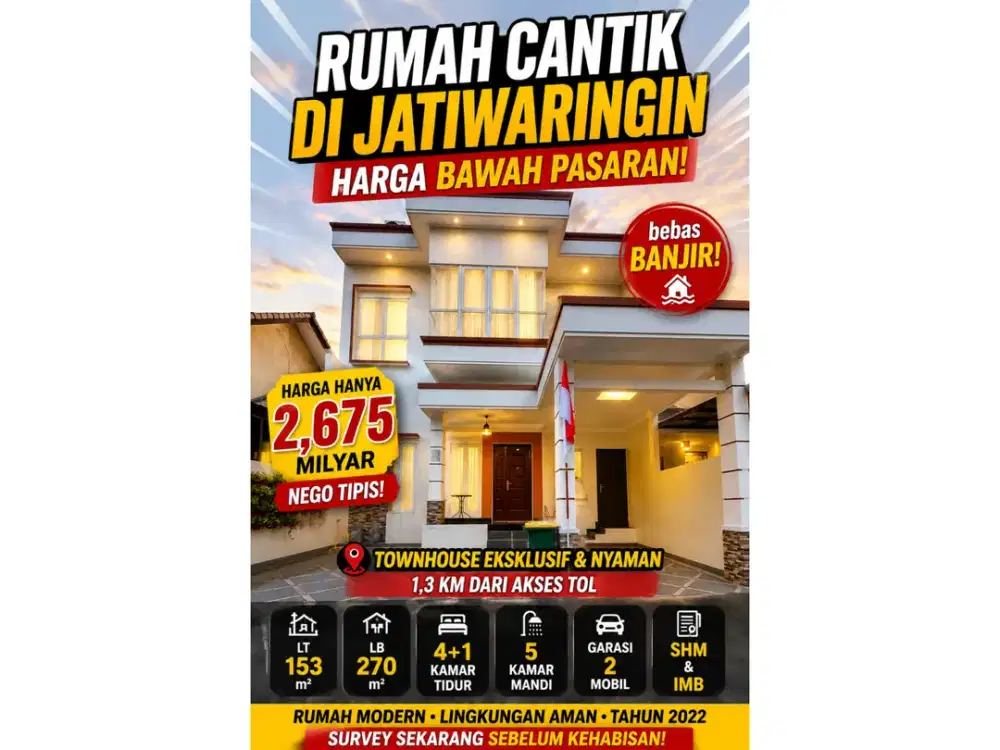 Rumah Cantik Townhouse Jatiwaringin | Harga Bawah Pasaran | 1,3 KM ke Tol | Rp2,675 M | ZN129