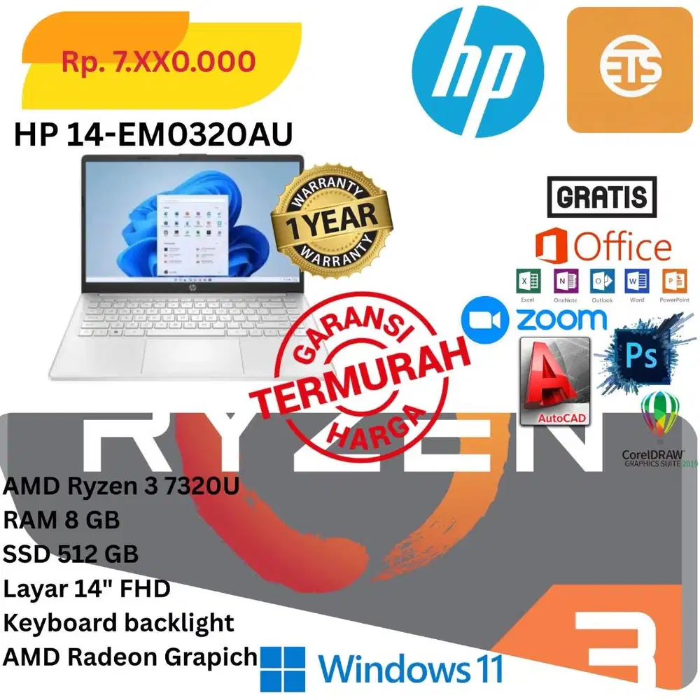 New HP 14-em0320au ryzen 3 7320U Ram 8Gb SSD 512Gb Layar 14 FHD